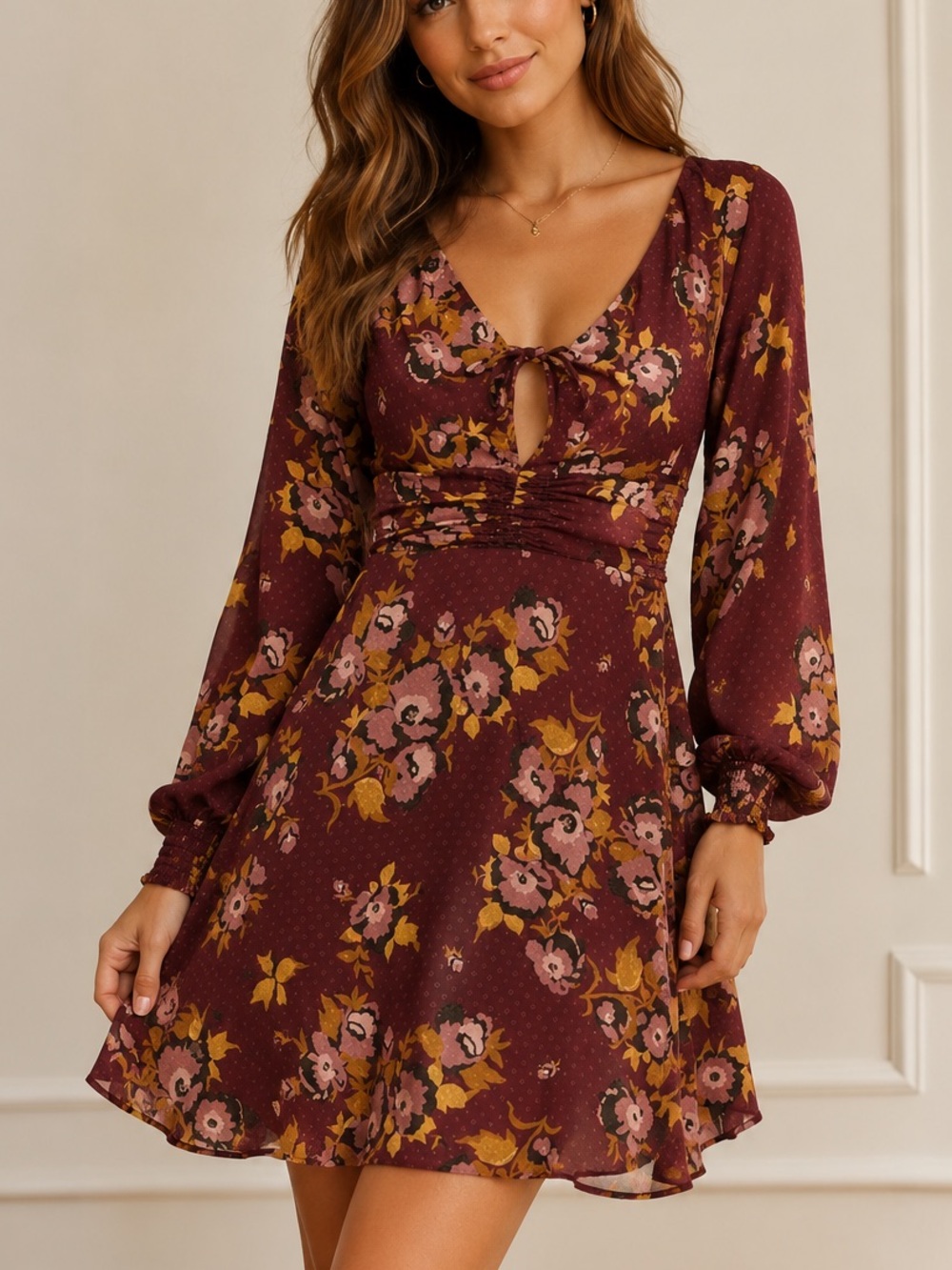 Free People Floral Tie-Front Long Sleeve Mini Dress in Purple Combo